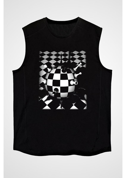 Satranç Siyah Unisex Kolsuz Kesik Kol T-Shirt