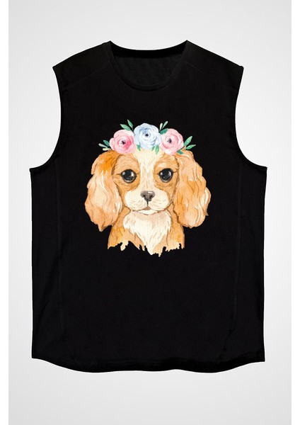 Kahverengi Poodle Kaniş Siyah Unisex Kolsuz Kesik Kol T-Shirt