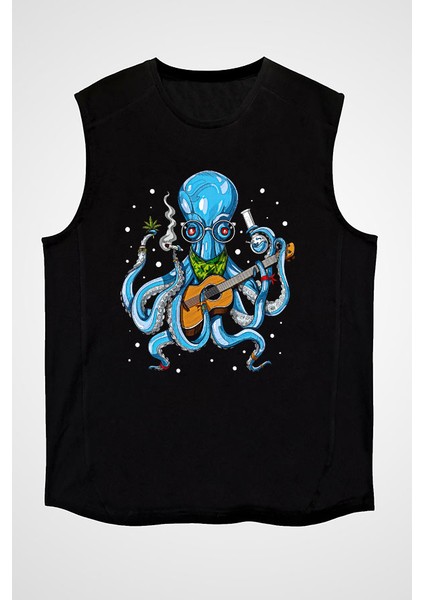 Gitarist Ahtapot Siyah Unisex Kolsuz Kesik Kol T-Shirt