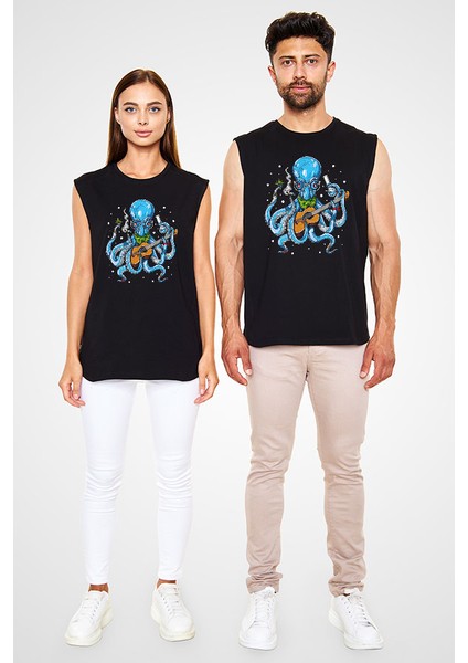 Gitarist Ahtapot Siyah Unisex Kolsuz Kesik Kol T-Shirt fiyatları