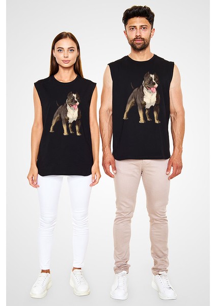 Asil Pitbull Siyah Unisex Kolsuz Kesik Kol T-Shirt