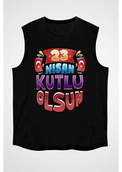 23 Nisan Ulusal Egemenlik ve Çocuk Bayramı Siyah Unisex Kolsuz Kesik Kol T-Shirt