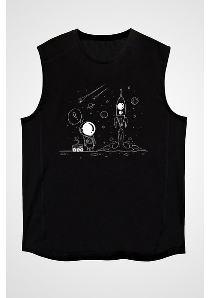 Keşif Yapan Astronot Siyah Unisex Kolsuz Kesik Kol T-Shirt
