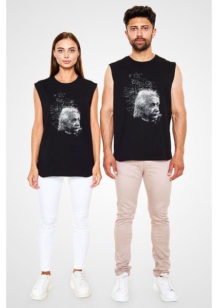 Albert Einstein Kuantum Mekaniği Siyah Unisex Kolsuz Kesik Kol T-Shirt