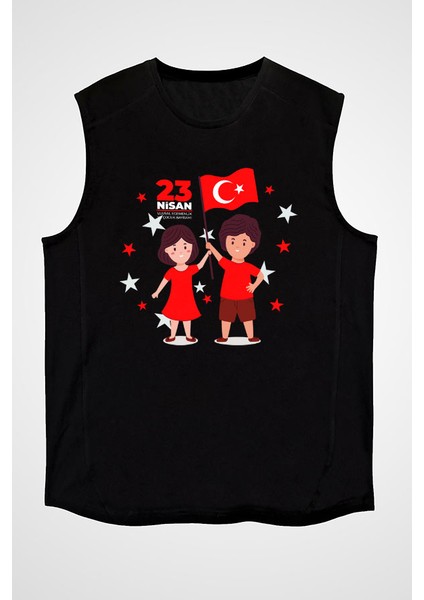 23 Nisan Ulusal Egemenlik ve Çocuk Bayramı Siyah Unisex Kolsuz Kesik Kol T-Shirt