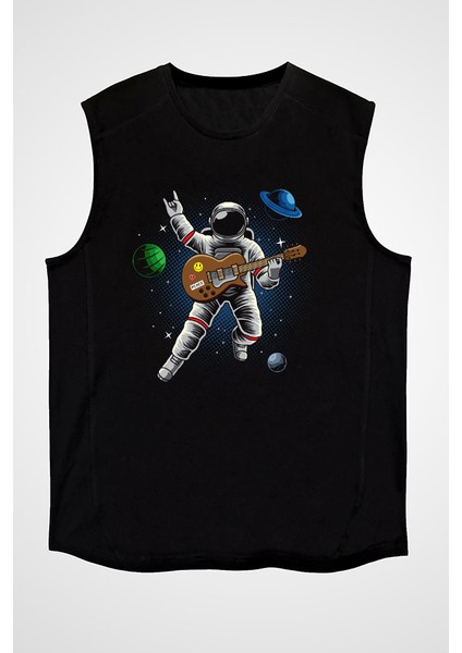 Gitar Çalan Astronot Siyah Unisex Kolsuz Kesik Kol T-Shirt