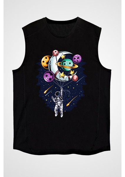 Bovling ve Astronot Siyah Unisex Kolsuz Kesik Kol T-Shirt
