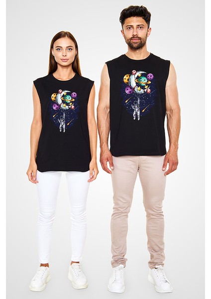 Bovling ve Astronot Siyah Unisex Kolsuz Kesik Kol T-Shirt