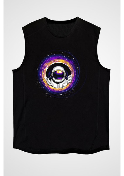 Kara Delikten Bakan Astronot Siyah Unisex Kolsuz Kesik Kol T-Shirt