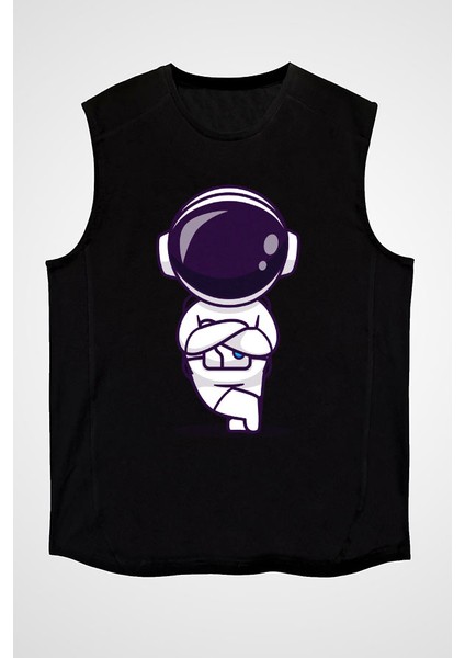 Sıkılmış Astronot Siyah Unisex Kolsuz Kesik Kol T-Shirt