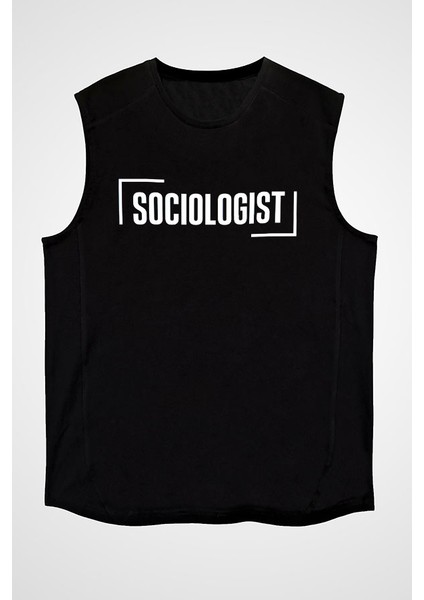 Sosyolog Siyah Unisex Kolsuz Kesik Kol T-Shirt