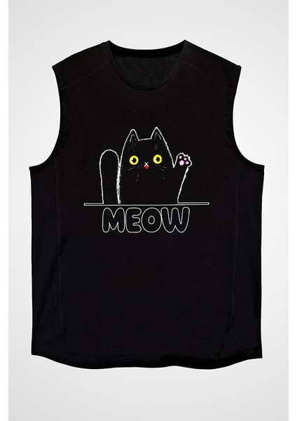 Meow Kedi Siyah Unisex Kolsuz Kesik Kol T-Shirt