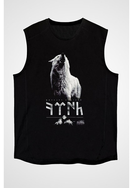 Göktürk Uluyan Kurt Siyah Unisex Kolsuz Kesik Kol T-Shirt