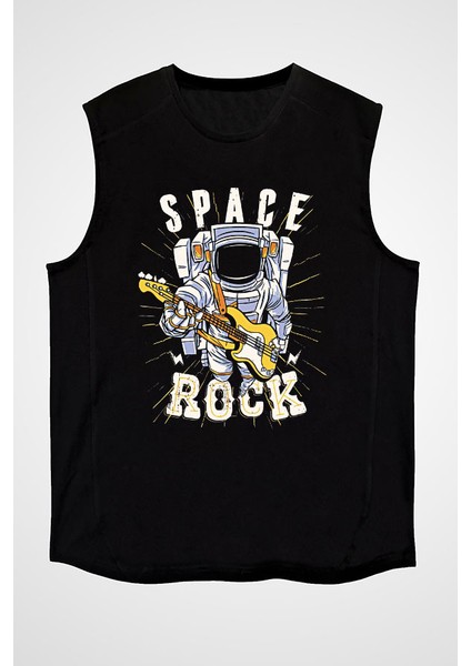 Elektro Gitar Çalan Astronot Siyah Unisex Kolsuz Kesik Kol T-Shirt