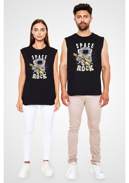 Elektro Gitar Çalan Astronot Siyah Unisex Kolsuz Kesik Kol T-Shirt fiyatları