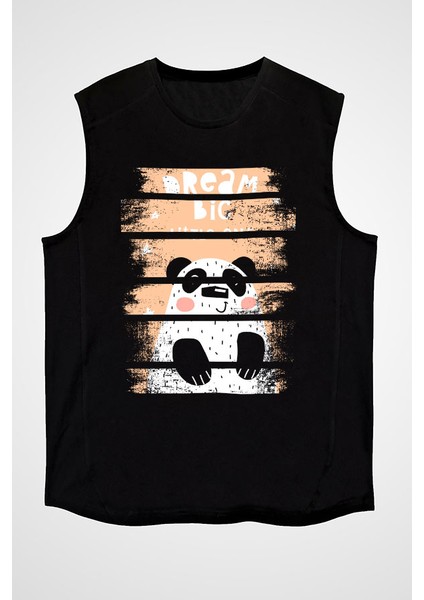 Panda Büyük Hayaller Siyah Unisex Kolsuz Kesik Kol T-Shirt