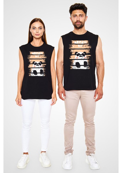 Panda Büyük Hayaller Siyah Unisex Kolsuz Kesik Kol T-Shirt