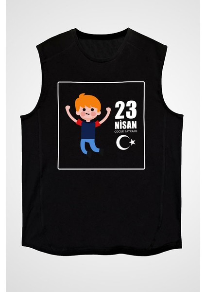 23 Nisan Ulusal Egemenlik ve Çocuk Bayramı Siyah Unisex Kolsuz Kesik Kol T-Shirt
