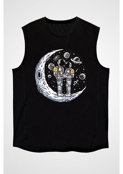 Ay Üstünde Flört Eden Astronotlar Siyah Unisex Kolsuz Kesik Kol T-Shirt