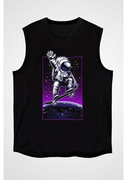 Astronot Kaykaycı Siyah Unisex Kolsuz Kesik Kol T-Shirt