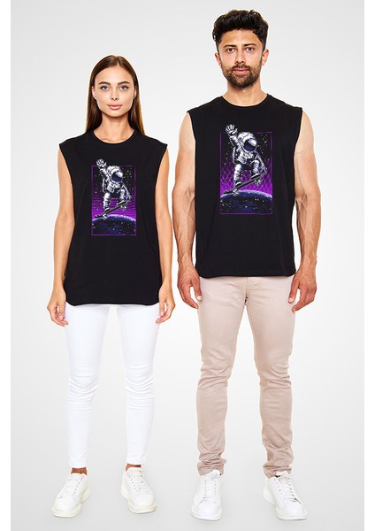 Astronot Kaykaycı Siyah Unisex Kolsuz Kesik Kol T-Shirt