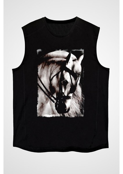 At Siyah Unisex Kolsuz Kesik Kol T-Shirt