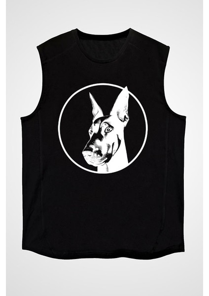 Doberman Bakışı Siyah Unisex Kolsuz Kesik Kol T-Shirt