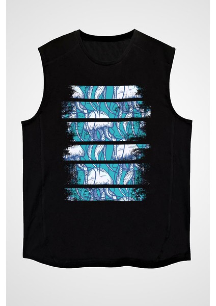 Mavi Deniz Anası Siyah Unisex Kolsuz Kesik Kol T-Shirt