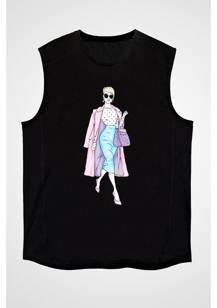 Moda Ikonu Siyah Unisex Kolsuz Kesik Kol T-Shirt
