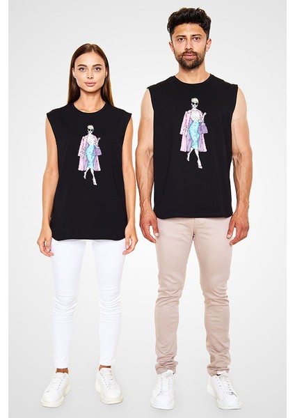 Moda Ikonu Siyah Unisex Kolsuz Kesik Kol T-Shirt fiyatları