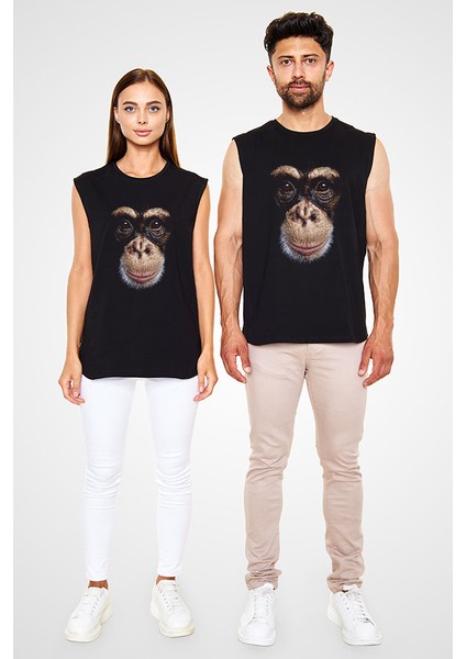 Maymun Siyah Unisex Kolsuz Kesik Kol T-Shirt fiyatları