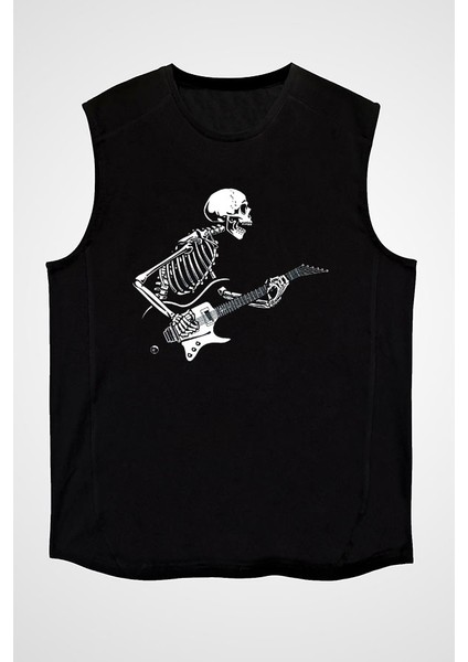 Elektro Gitar Çalan Kurukafa Siyah Unisex Kolsuz Kesik Kol T-Shirt