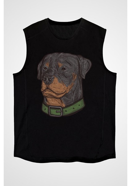 Asil Köpek Rottweiler Siyah Unisex Kolsuz Kesik Kol T-Shirt