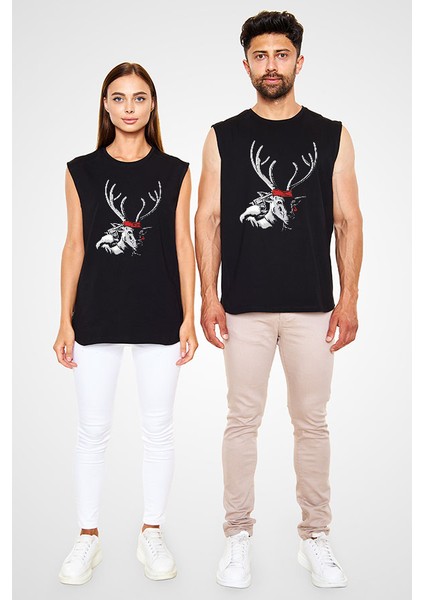 Intihar Eden Geyik Siyah Unisex Kolsuz Kesik Kol T-Shirt