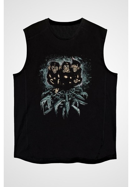 Üç Maymun Siyah Unisex Kolsuz Kesik Kol T-Shirt
