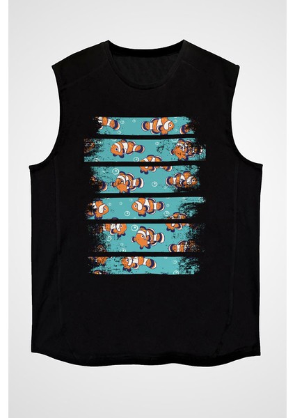 Palyaço Nemo Balığı Siyah Unisex Kolsuz Kesik Kol T-Shirt