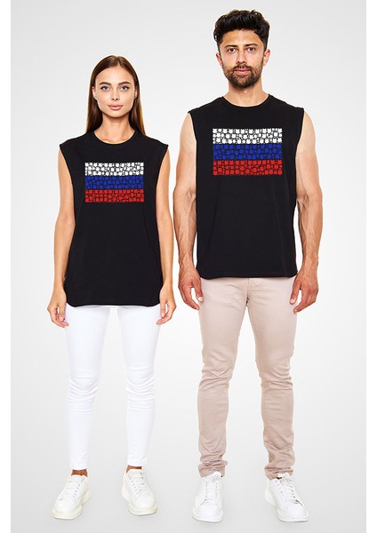 Rusya Siyah Unisex Kolsuz Tişört Kesik Kol T-Shirt