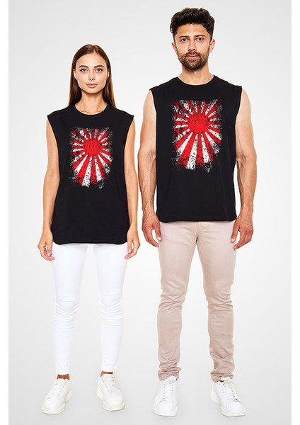 Japonya Siyah Unisex Kolsuz Tişört Kesik Kol T-Shirt