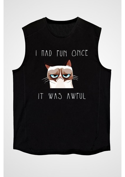 Mutsuz Kedi Siyah Unisex Kolsuz Kesik Kol T-Shirt