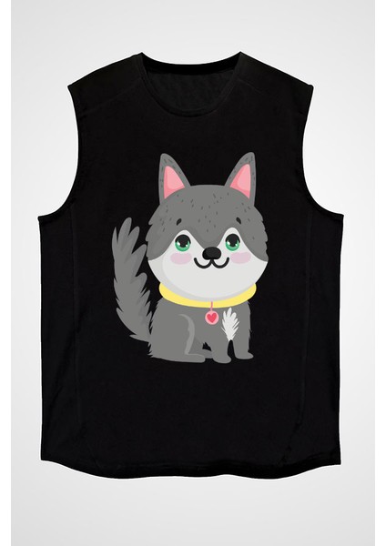 Sevimli Sibirya Kurdu Husky Haski Siyah Unisex Kolsuz Kesik Kol T-Shirt