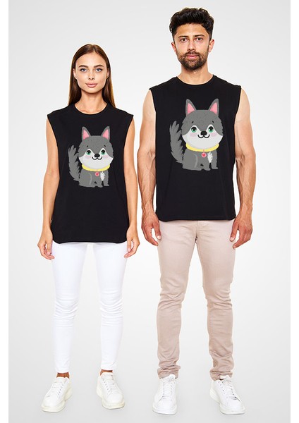 Sevimli Sibirya Kurdu Husky Haski Siyah Unisex Kolsuz Kesik Kol T-Shirt fiyatları