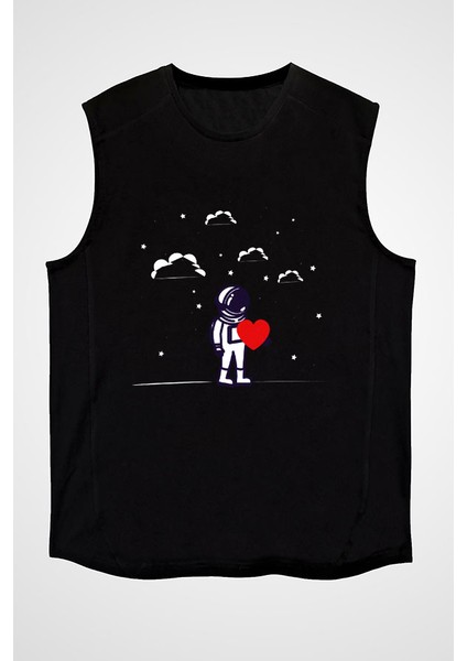 Kalp Tutan Astronot Siyah Unisex Kolsuz Kesik Kol T-Shirt