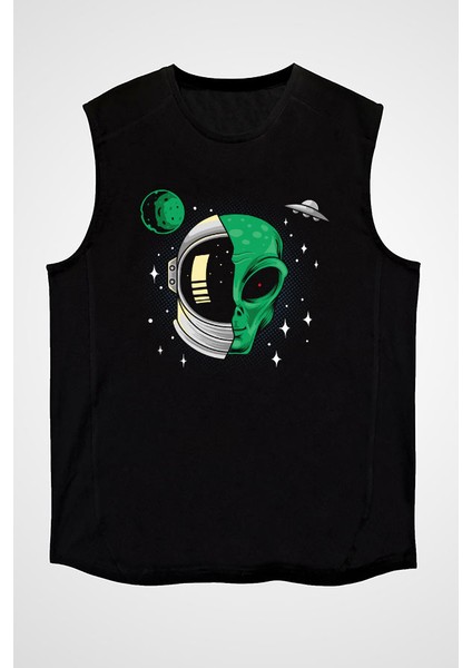 Alien ve Astronot Siyah Unisex Kolsuz Kesik Kol T-Shirt