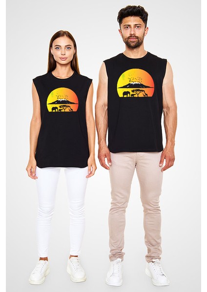 Serengeti Milli Park Siyah Unisex Kolsuz Tişört Kesik Kol T-Shirt