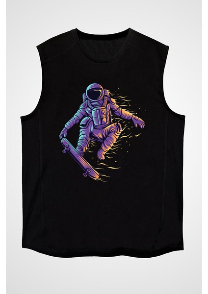 Kaykaycı Astronot Siyah Unisex Kolsuz Kesik Kol T-Shirt