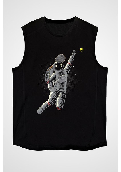 Tenis Oynayan Astronot Siyah Unisex Kolsuz Kesik Kol T-Shirt