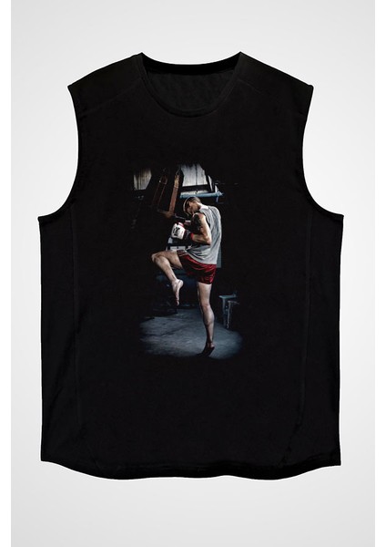 Kick Boks Siyah Unisex Kolsuz Kesik Kol T-Shirt