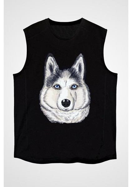 Karizma Sibirya Kurdu Husky Haski Siyah Unisex Kolsuz Kesik Kol T-Shirt
