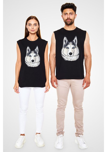 Karizma Sibirya Kurdu Husky Haski Siyah Unisex Kolsuz Kesik Kol T-Shirt fiyatları
