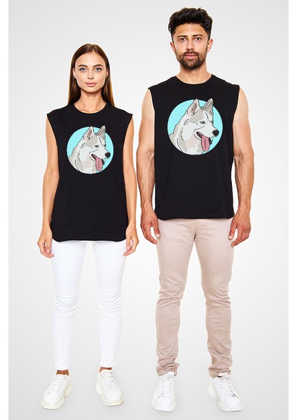 Mavi Gözlü Sibirya Kurdu Husky Haski Siyah Unisex Kolsuz Kesik Kol T-Shirt fiyatları